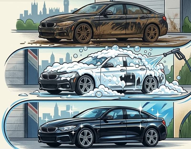 Car Wash Process - Dirty, Foam, Clean